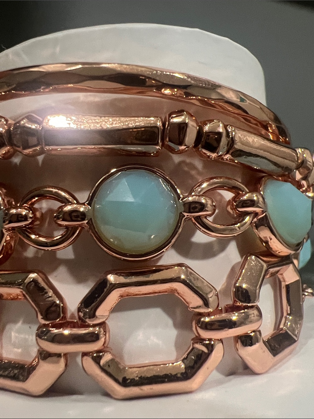 Rose Gold Stack Bracelet Set with Mint Green Stones - Picture 3 of 7